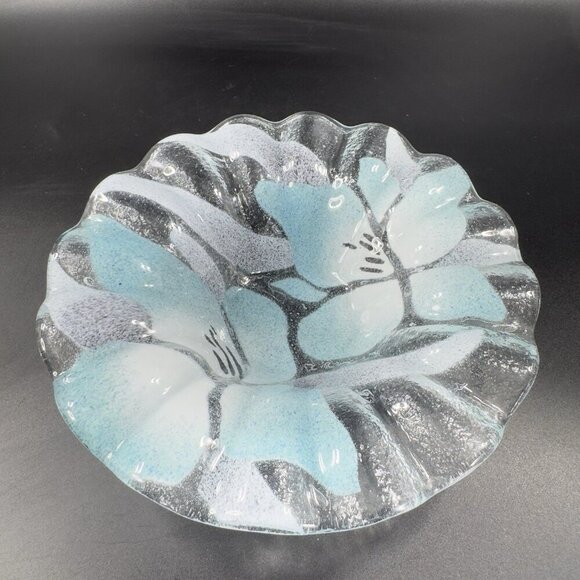 Sydenstricker Bowl Dish Fused Art Glass Ruffled Clear Blue Flowers VTG Signed - Picture 7 of 13